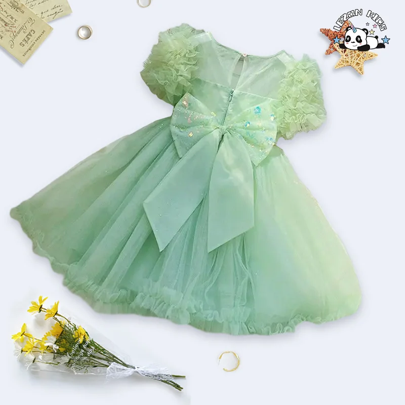 LEZONKIDS - 2024 Hot Sale Short Puff Sleeve Beautiful Girls Princess Tulle Dress for 8T Children Clothing